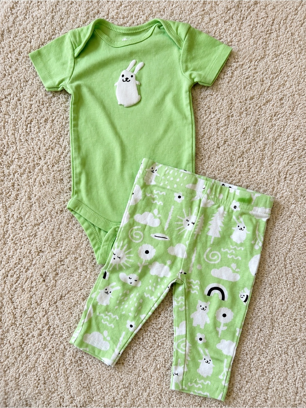 Green Bunny Baby One-Piece with Printed Pants